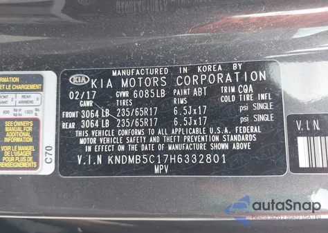 2017 Kia Sedona Lx из США, поврежденный, VIN KNDMB5C17H6332801